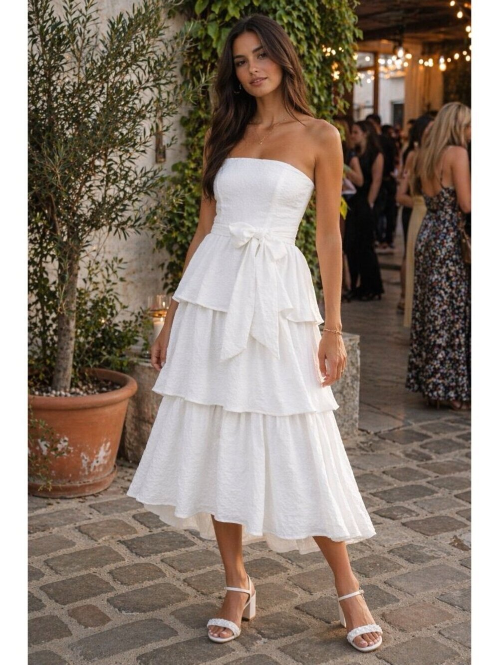 Lulus Truly Marvelous Midi Dress Sz Medium White Jacquard Strapless Tiered Belt